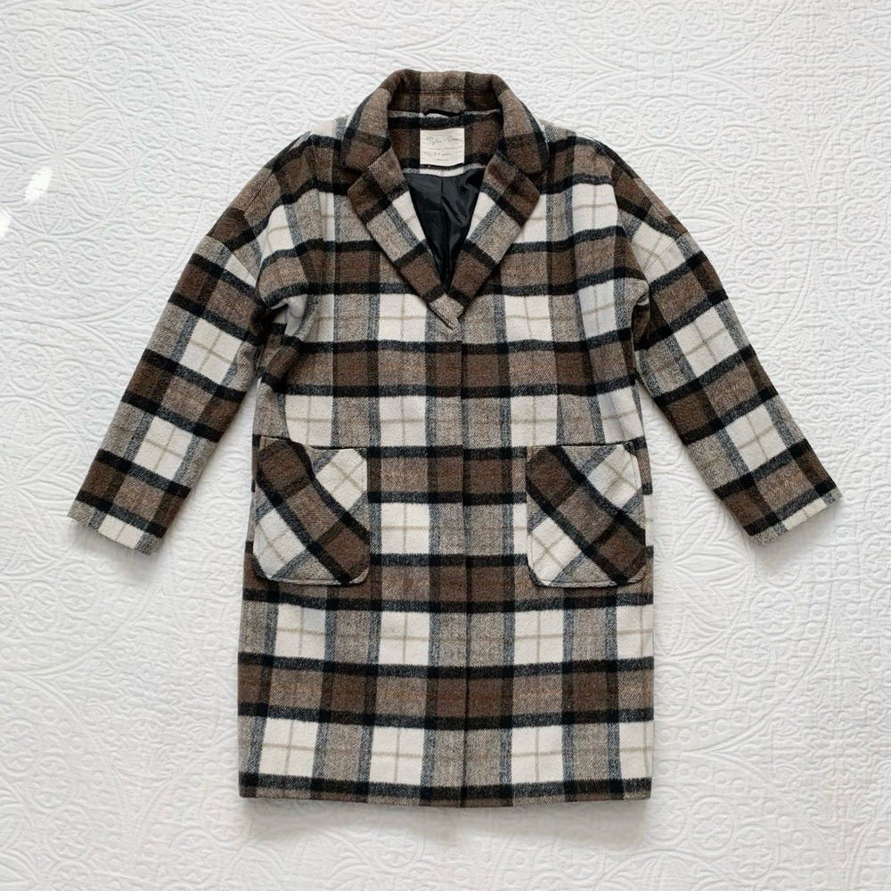 Rylee & Cru Multi Plaid Longline Wool-Blend Coat, Brown/Black/White